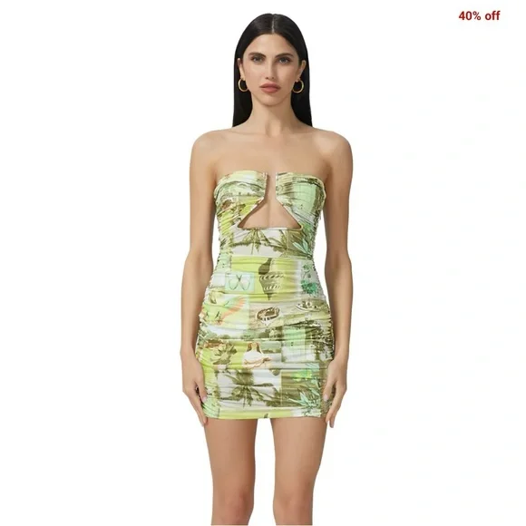 Green mixed print Strapless Mini Dress urban outfitters - Picture 4 of 13